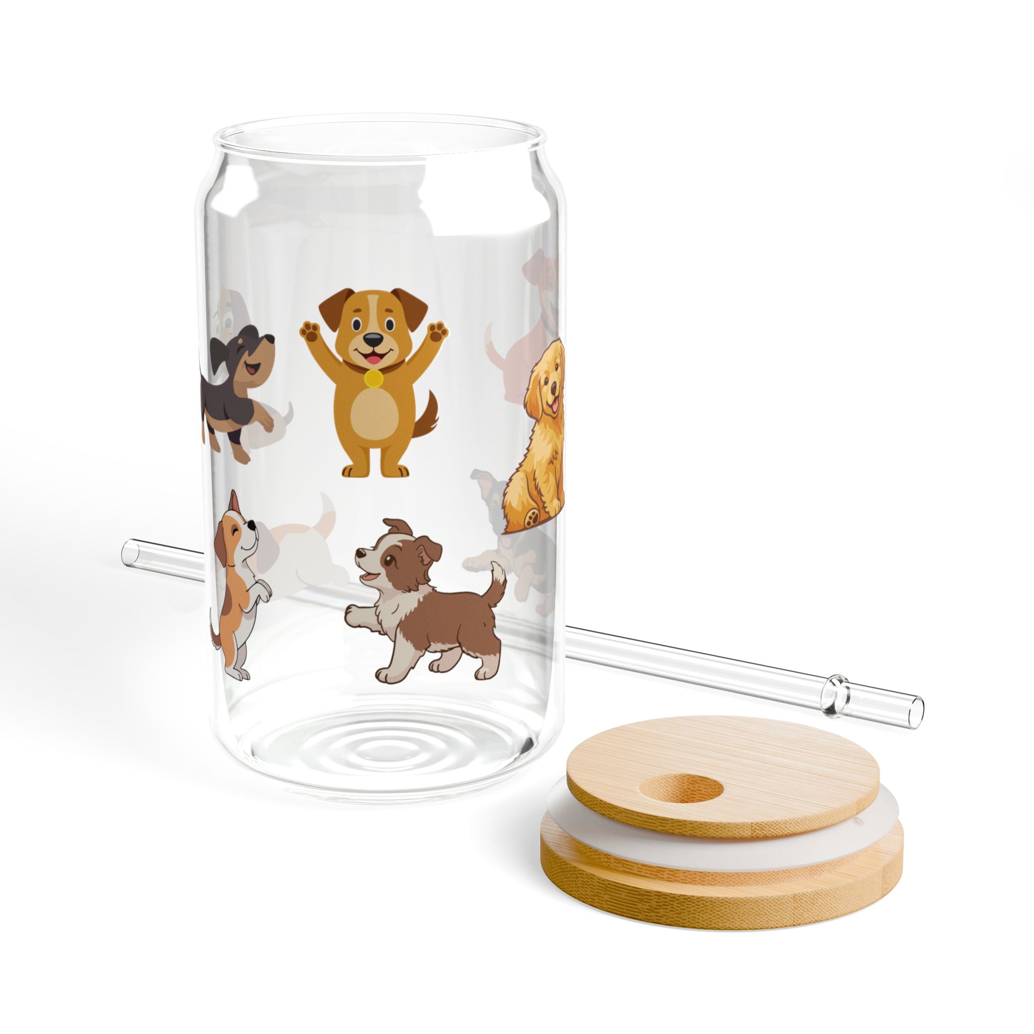 Trinkglas mit Hunde-Motiv, Deckel & Strohhalm, 473 ml