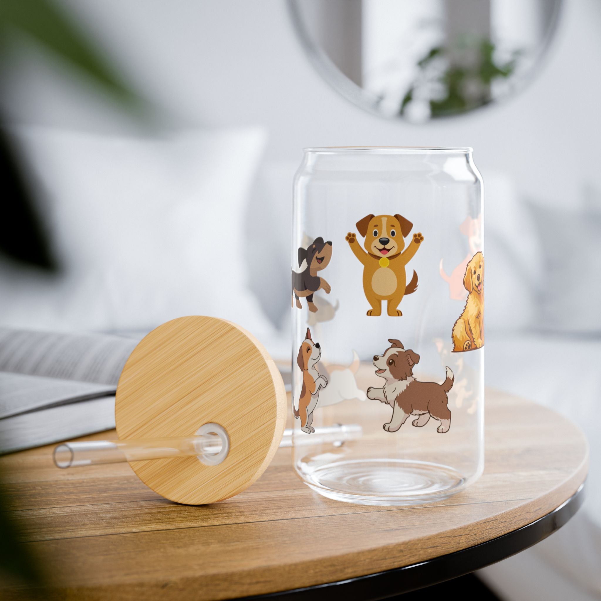 Trinkglas mit Hunde-Motiv, Deckel & Strohhalm, 473 ml