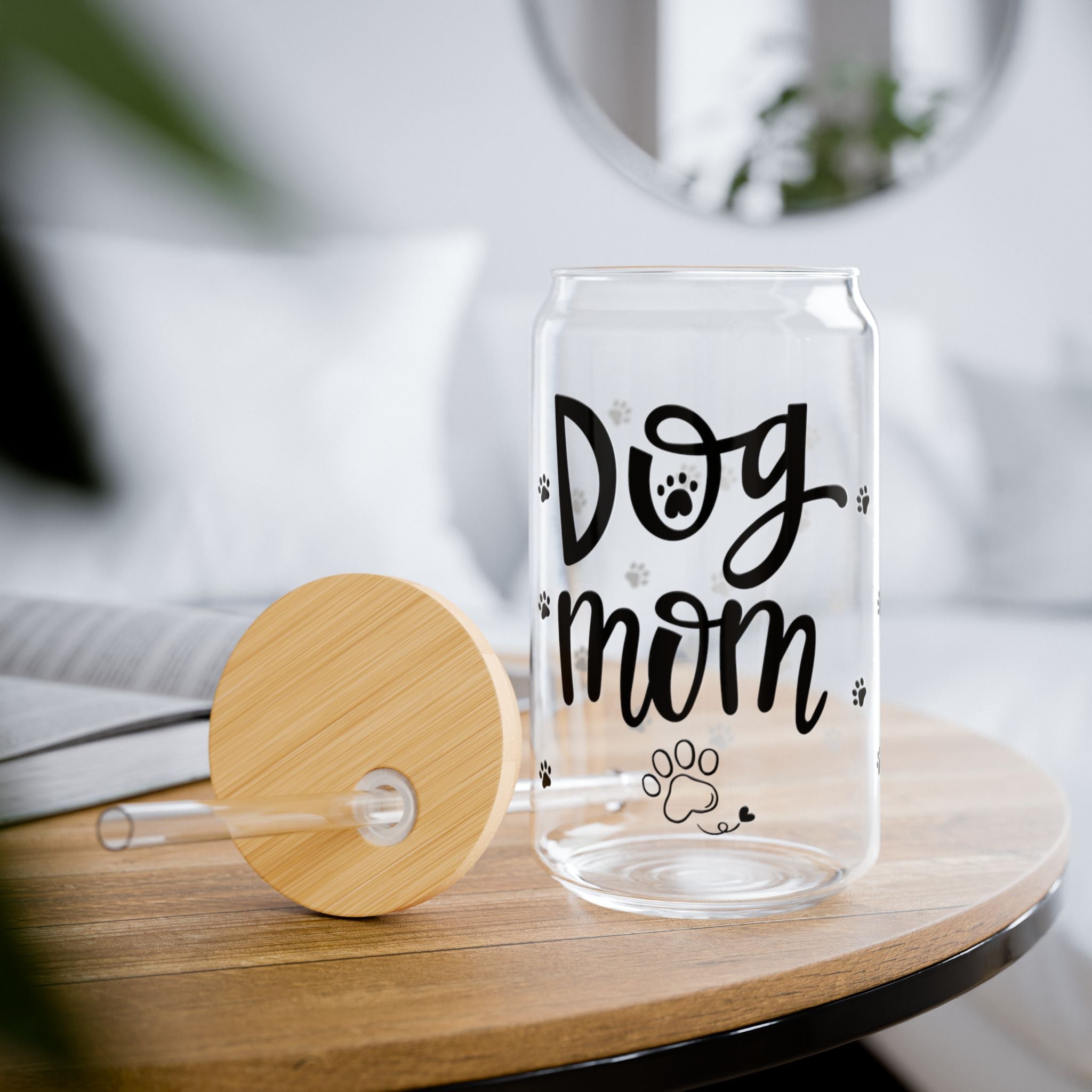 Trinkglas „Dog Mom“ mit Deckel & Strohhalm, 473 ml