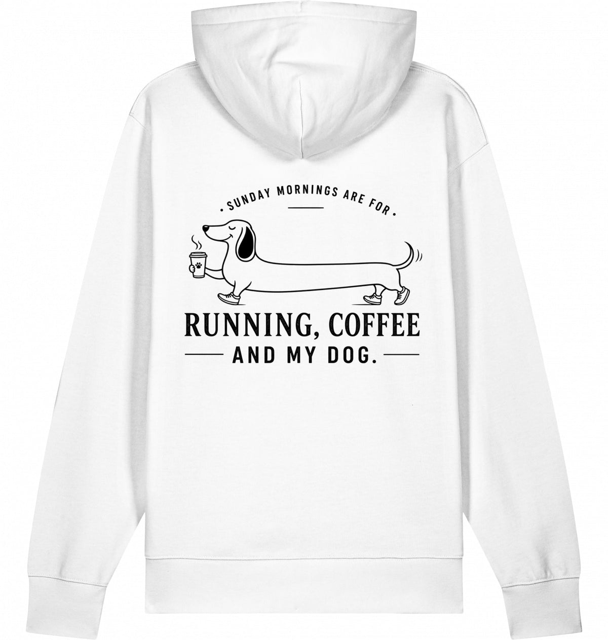 DOGS. COFFEE. RUNNING Hoodie White – Produktansicht