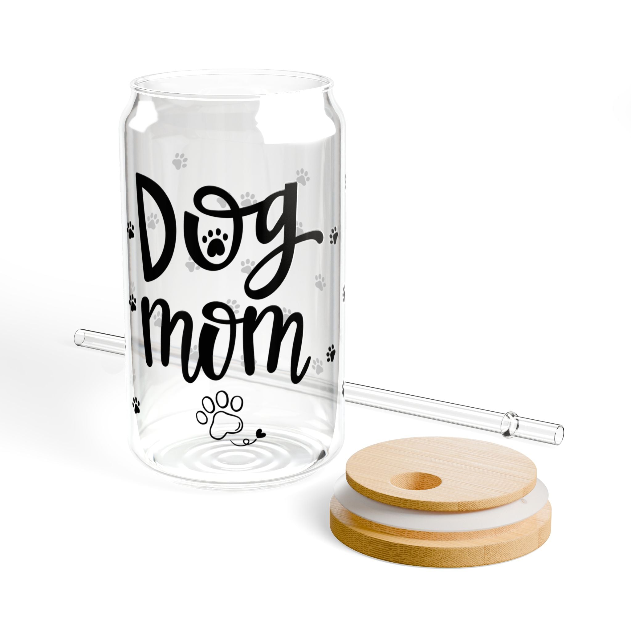 Trinkglas „Dog Mom“ mit Deckel & Strohhalm, 473 ml