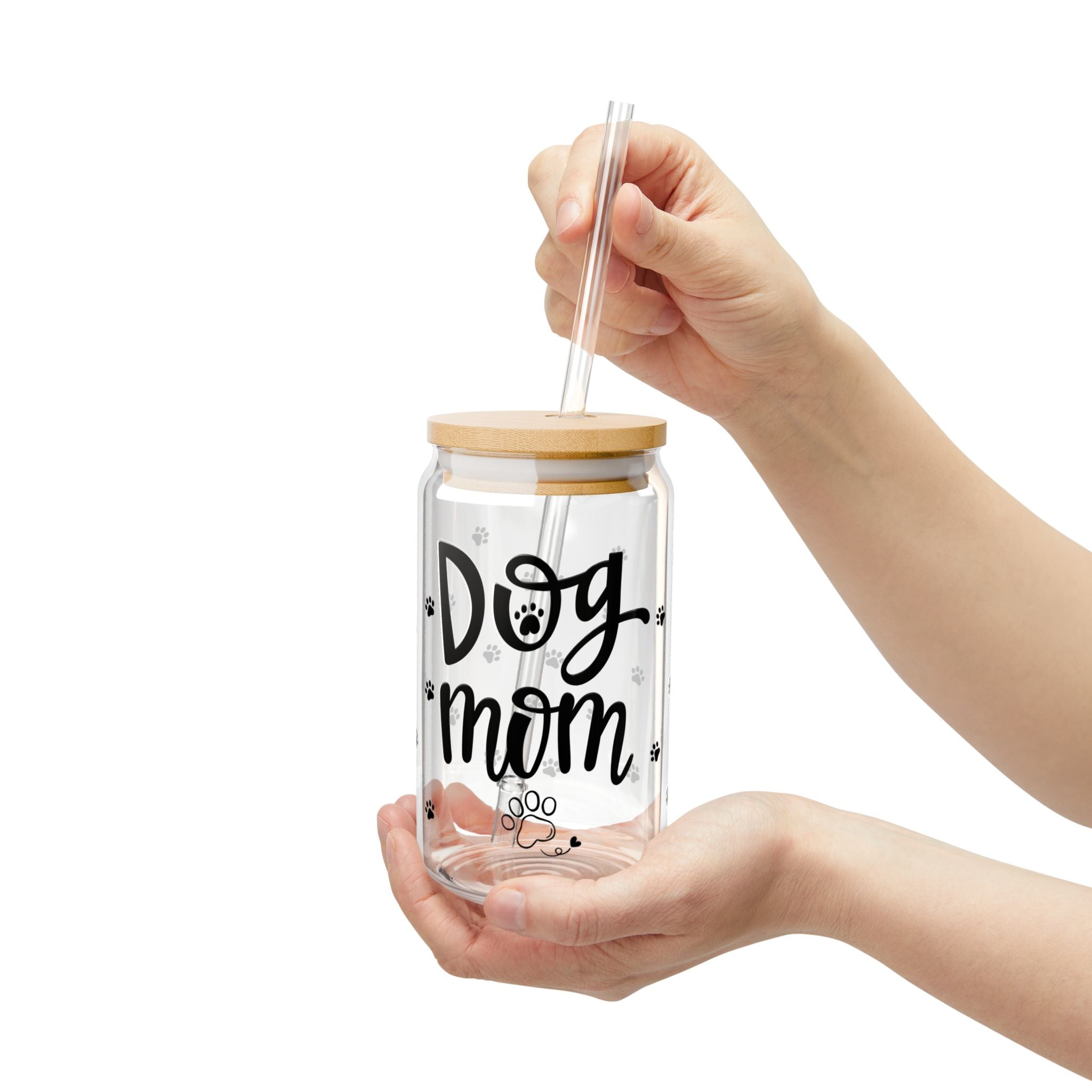 Trinkglas „Dog Mom“ mit Deckel & Strohhalm, 473 ml