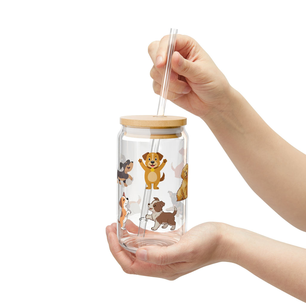 Trinkglas mit Hunde-Motiv, Deckel & Strohhalm, 473 ml