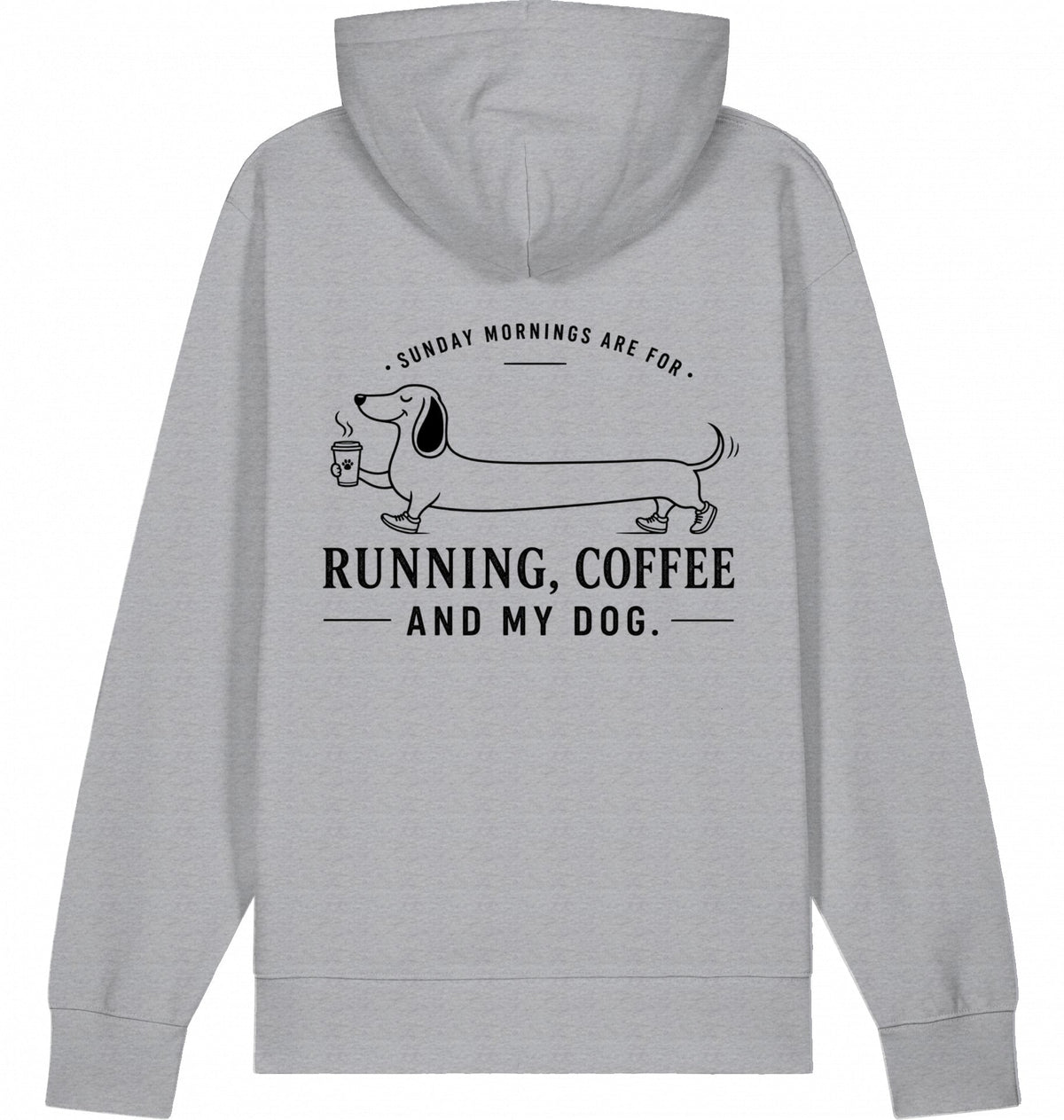 DOGS. COFFEE. RUNNING Hoodie Mid Heather Grey – Produktansicht
