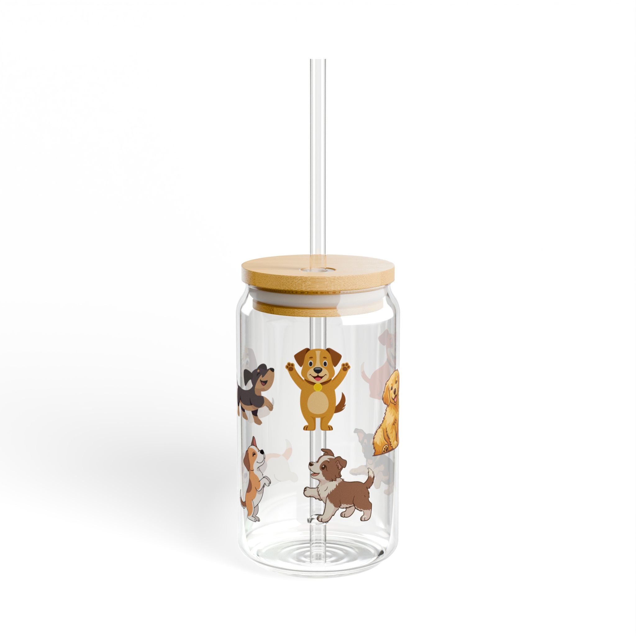 Trinkglas mit Hunde-Motiv, Deckel & Strohhalm, 473 ml