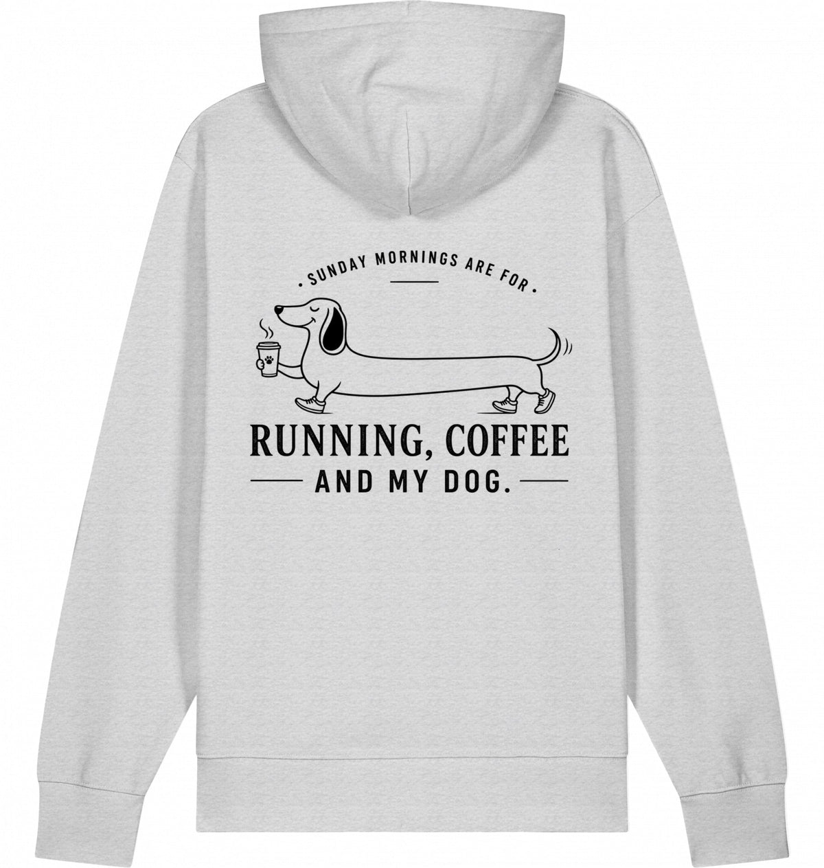 DOGS. COFFEE. RUNNING Hoodie Cool Heather Grey – Produktansicht