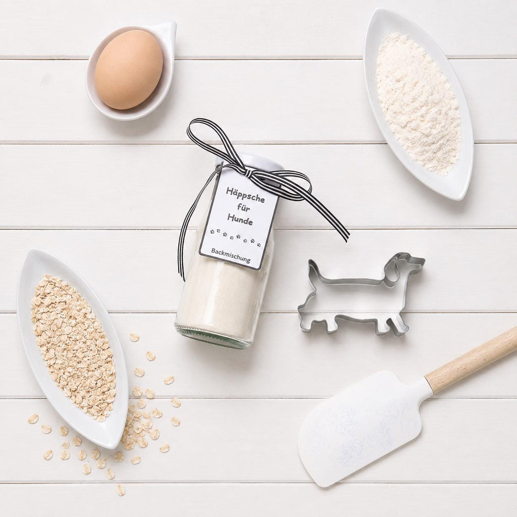 Hundekekse Backmischung mit Ausstechform als Dackel, Tiernahrung, Hundeleckerlies, Backmischung im Glas, ideal als Geschenk,