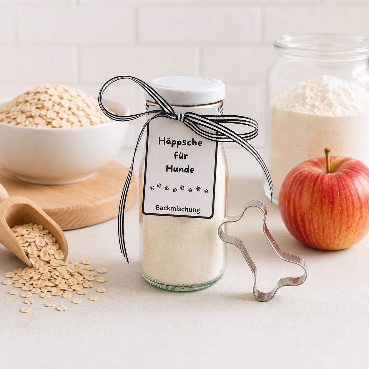 Hundekekse Backmischung mit Ausstechform als Knochen, Tiernahrung, Hundeleckerlies, Backmischung im Glas, ideal als Geschenk,