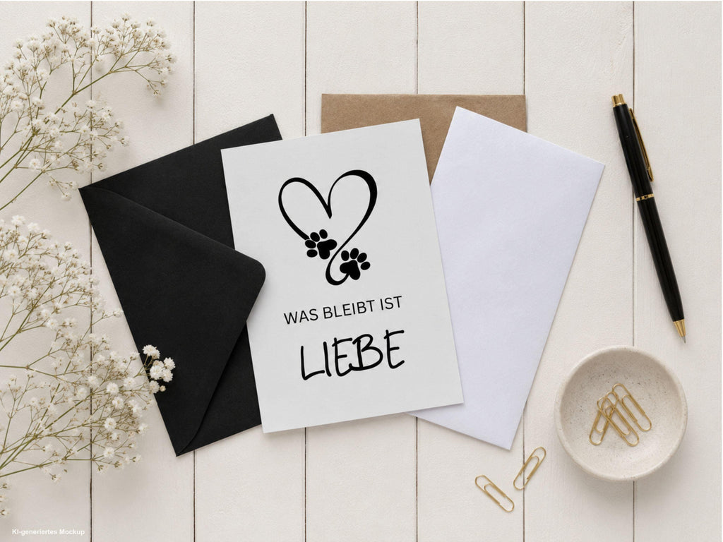 Trauerkarte Hund | Beileidskarte Hund | Was bleibt ist Liebe | Abschied Haustier | Kondolenzkarte Hund | Trauergeschenk Tierliebe Umschlag