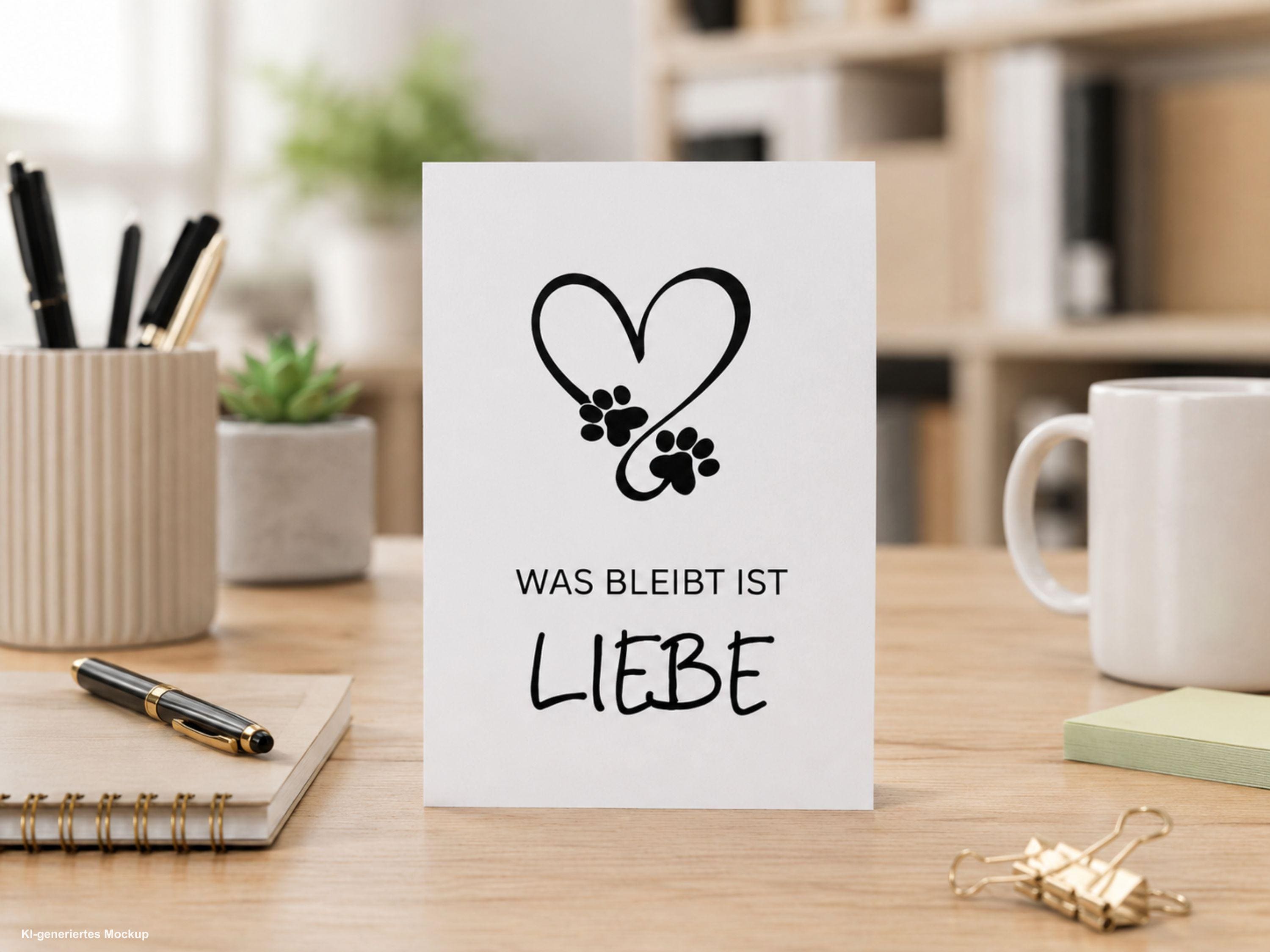 Trauerkarte Hund | Beileidskarte Hund | Was bleibt ist Liebe | Abschied Haustier | Kondolenzkarte Hund | Trauergeschenk Tierliebe Umschlag