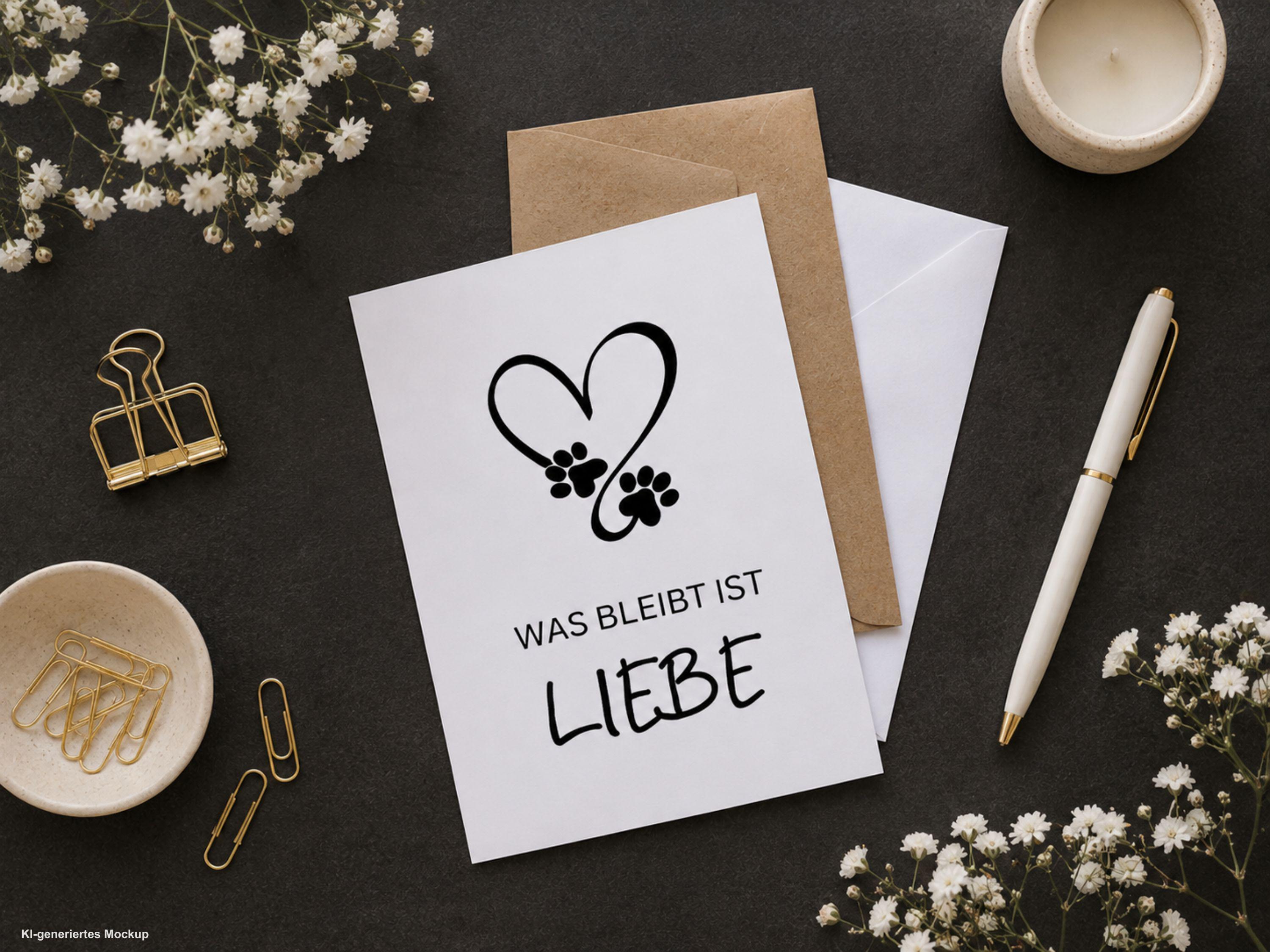 Trauerkarte Hund | Beileidskarte Hund | Was bleibt ist Liebe | Abschied Haustier | Kondolenzkarte Hund | Trauergeschenk Tierliebe Umschlag