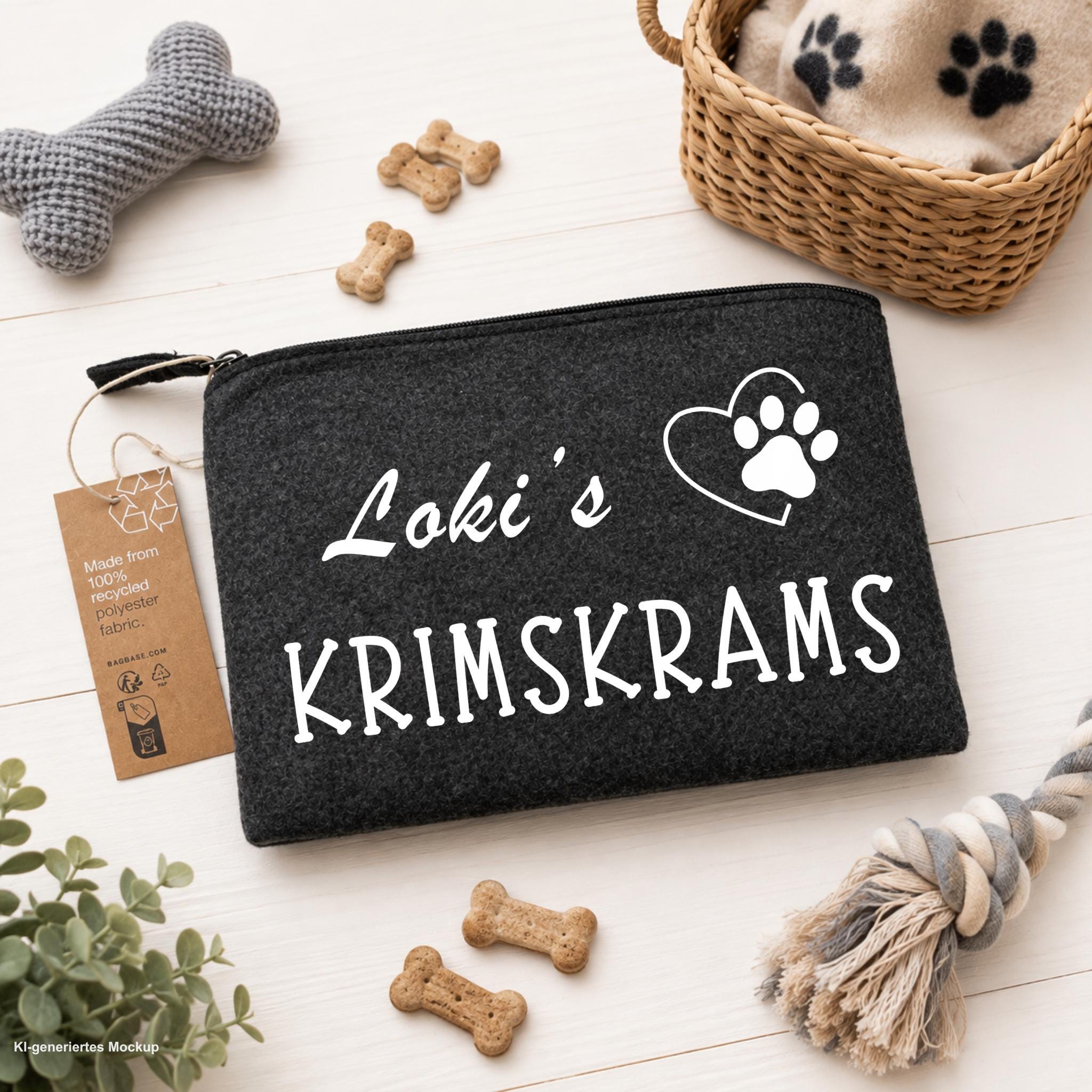 Personalisierte Hundetasche „Lokis KRIMSKRAMS“| Hunde Organizer mit Namen | Filztasche für Leckerlis & Zubehör | Geschenk für Hundebesitzer
