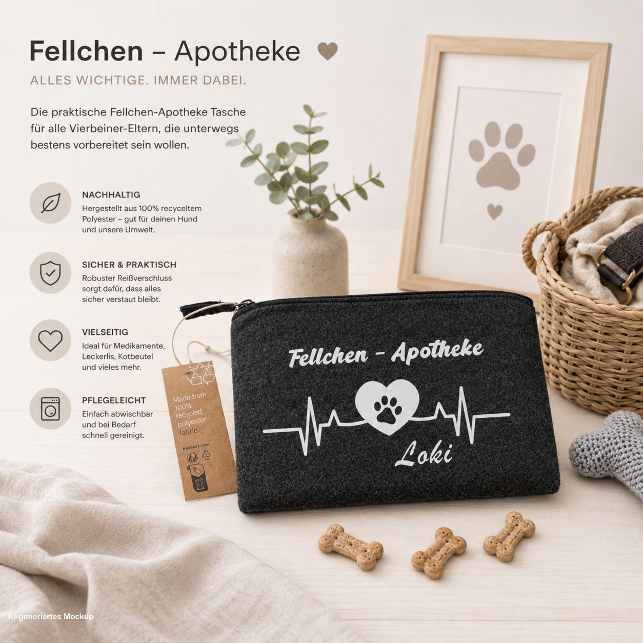 Personalisierte Hundetasche „Fellchen-Apotheke“| Hunde Organizer mit Namen | Filztasche für Leckerlis & Zubehör | Geschenk für Hundebesitzer