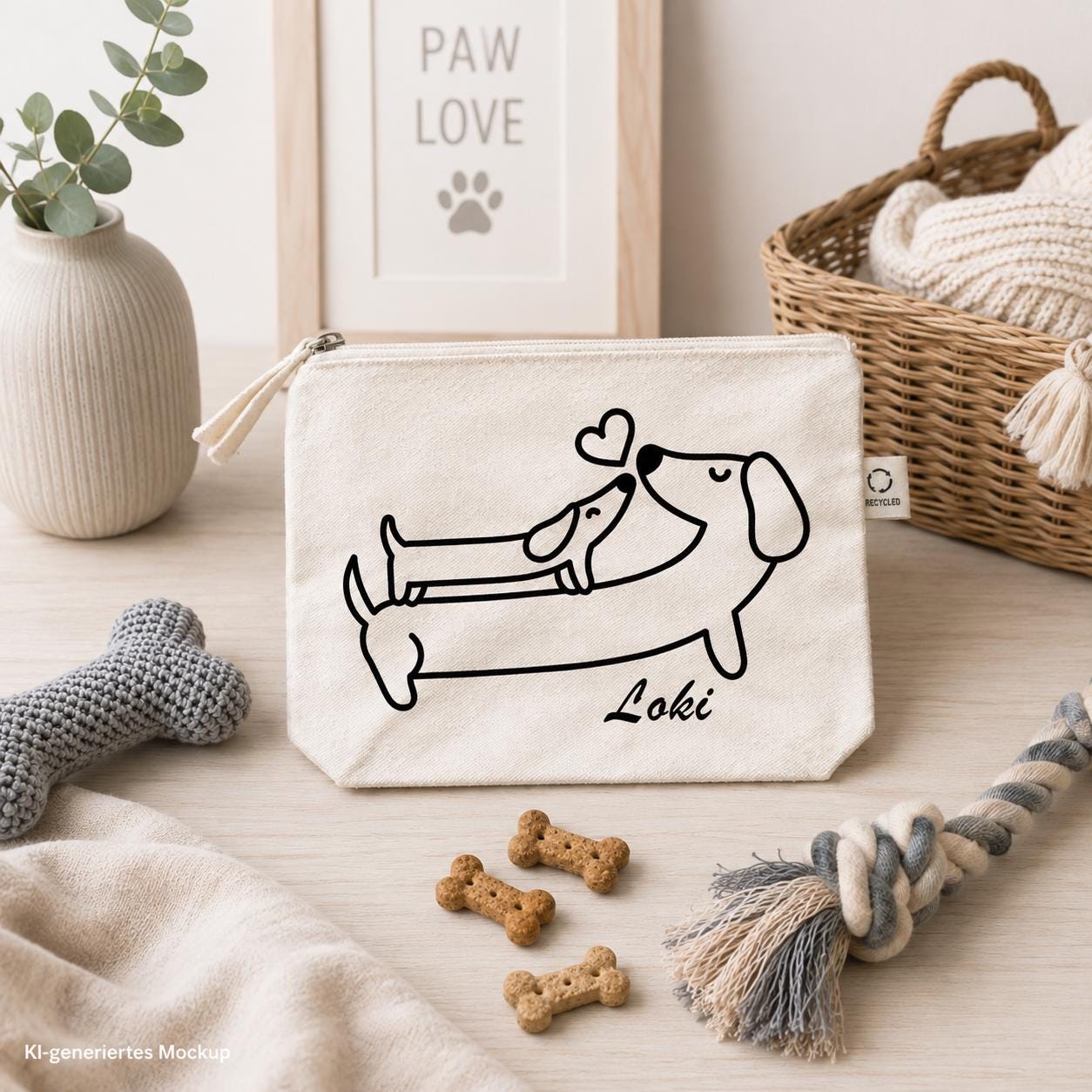 Personalisierte Hundetasche in beige | Hunde Organizer mit Namen | Tasche für Leckerlis & Zubehör | Geschenk für Hundebesitzer