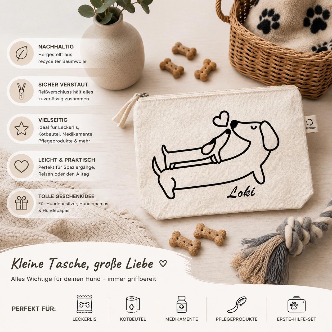 Personalisierte Hundetasche in beige | Hunde Organizer mit Namen | Tasche für Leckerlis & Zubehör | Geschenk für Hundebesitzer
