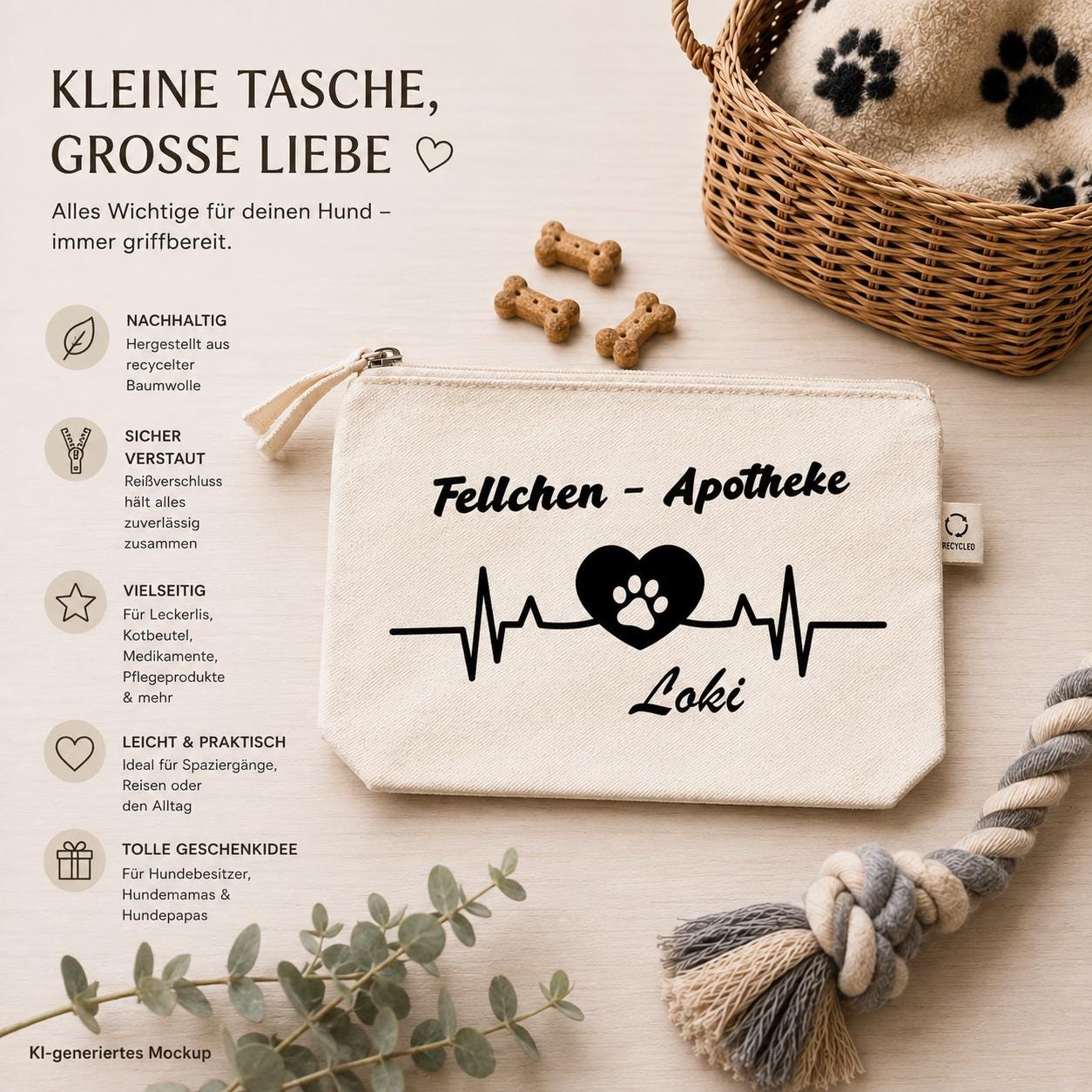 Personalisierte Hundetasche „Fellchen-Apotheke“| Hunde Organizer mit Namen | Tasche für Leckerlis & Zubehör | Geschenk für Hundebesitzer