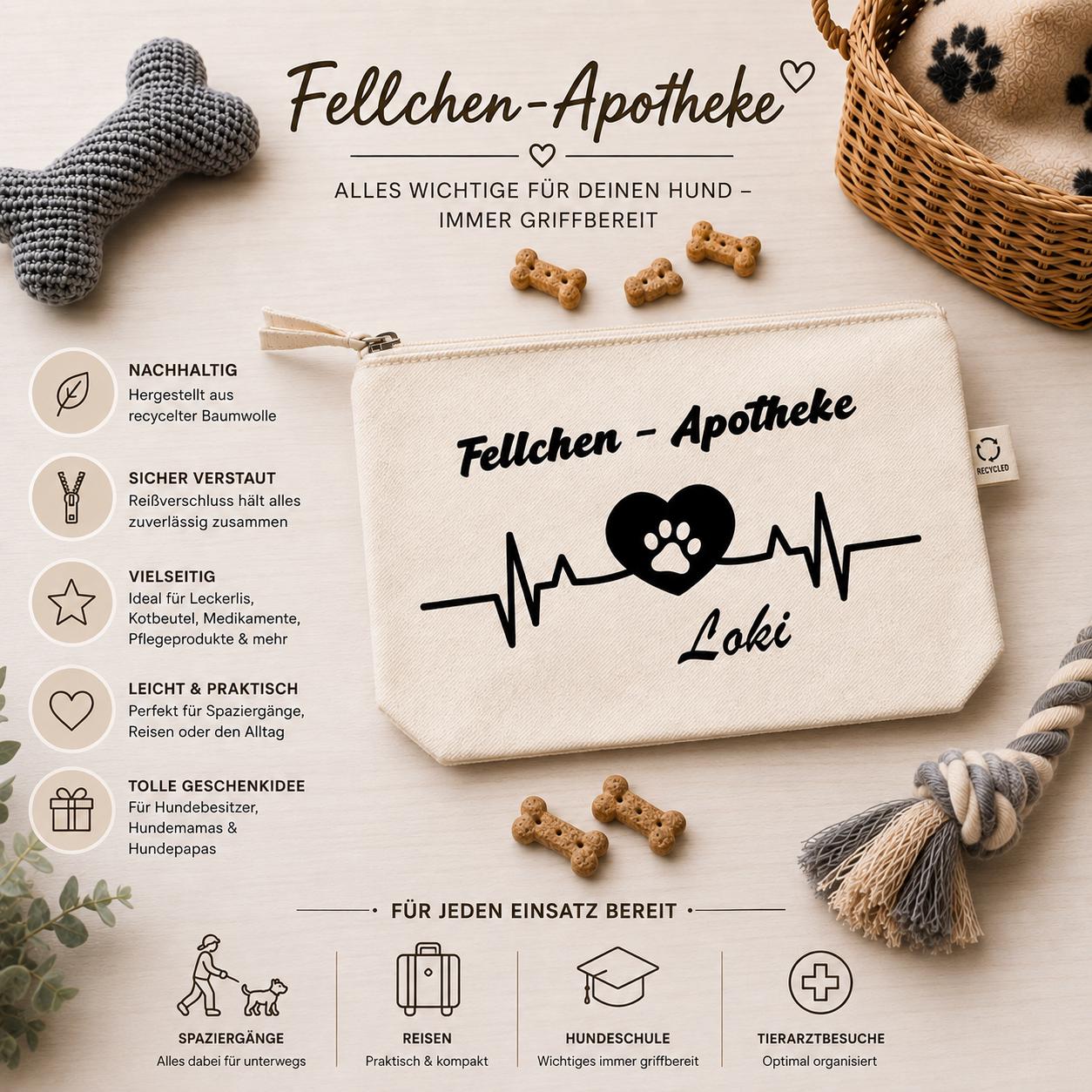Personalisierte Hundetasche „Fellchen-Apotheke“| Hunde Organizer mit Namen | Tasche für Leckerlis & Zubehör | Geschenk für Hundebesitzer