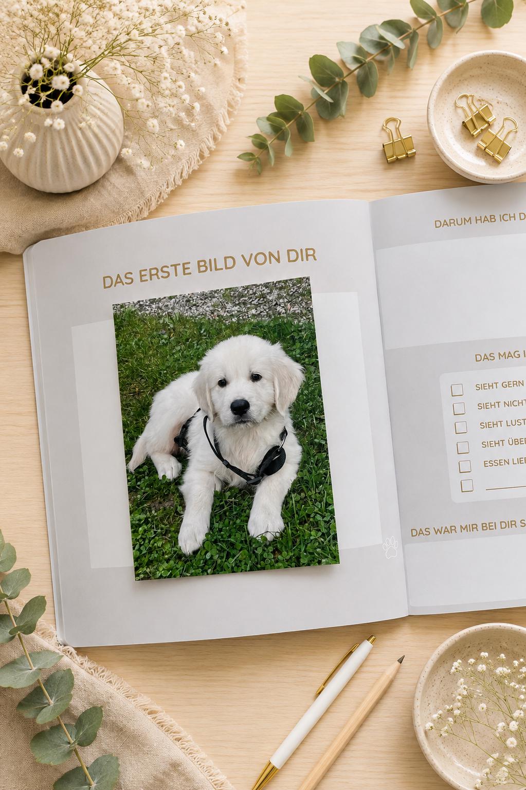Hunde Erinnerungsbuch – Pfotenabdrücke im Herzen | Erinnerungsalbum für Deinen Hund | Geschenk für Hundeliebhaber  | Notizbuch  | Tagebuch