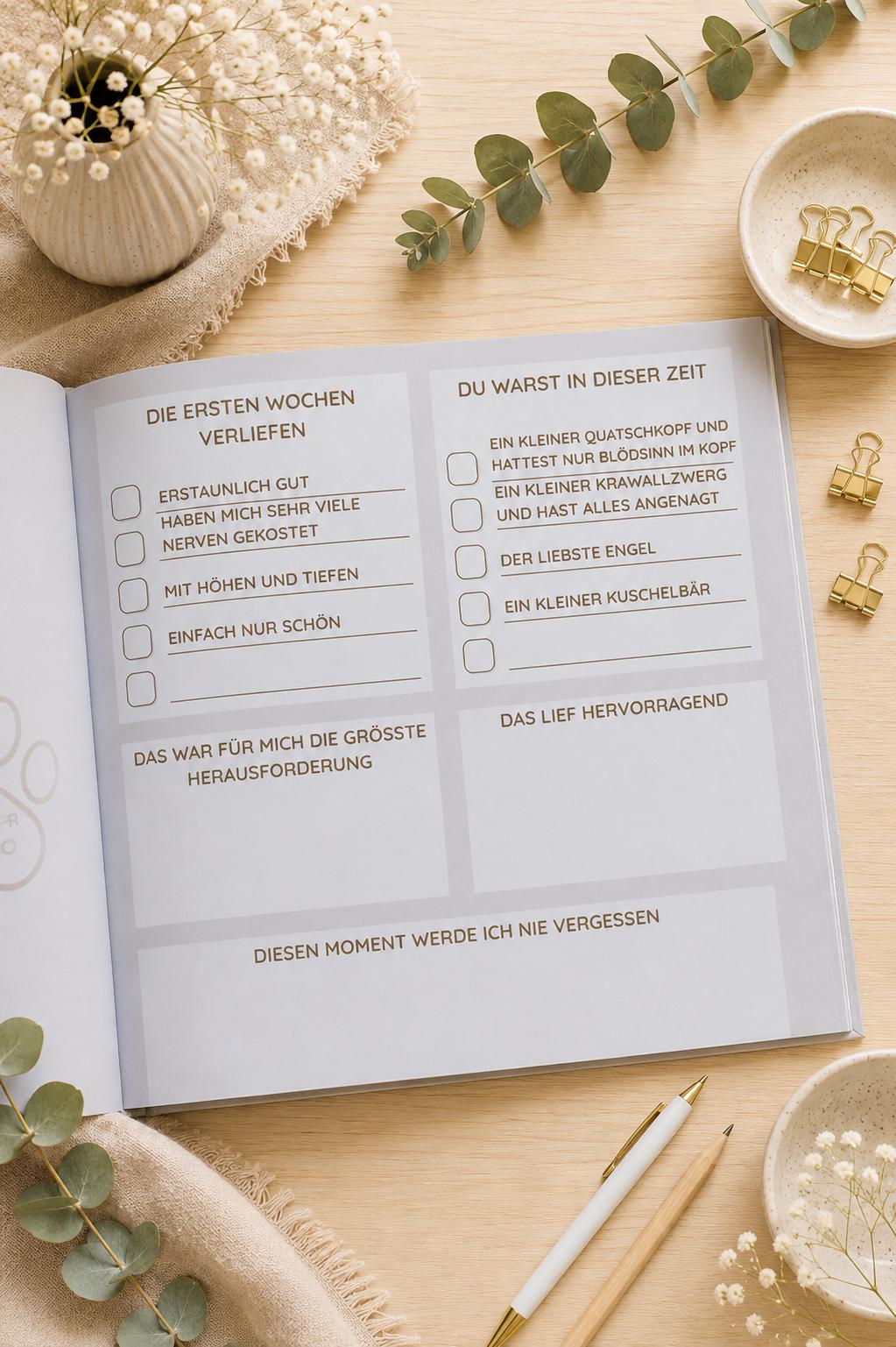 Hunde Erinnerungsbuch – Pfotenabdrücke im Herzen | Erinnerungsalbum für Deinen Hund | Geschenk für Hundeliebhaber  | Notizbuch  | Tagebuch