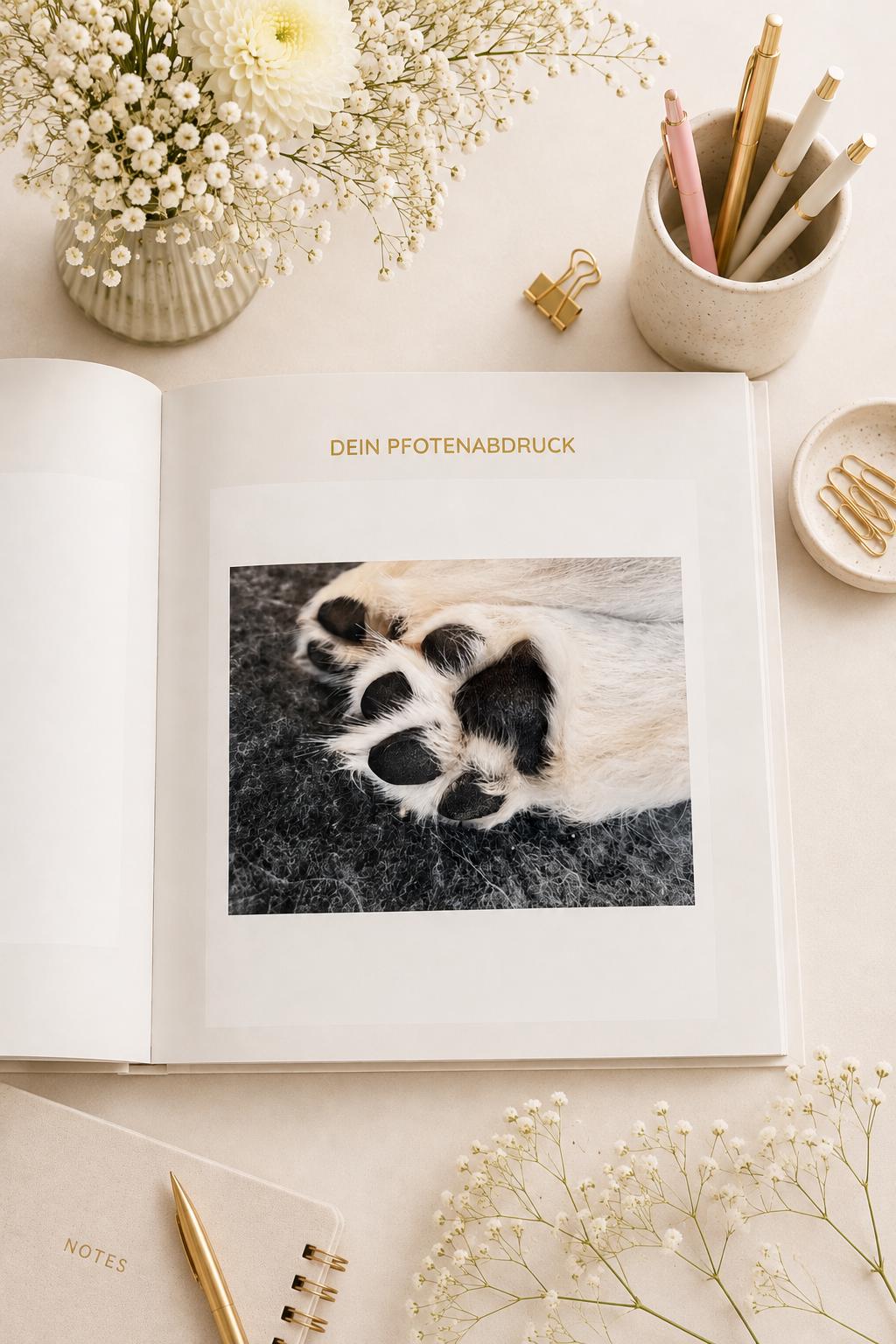 Hunde Erinnerungsbuch – Pfotenabdrücke im Herzen | Erinnerungsalbum für Deinen Hund | Geschenk für Hundeliebhaber  | Notizbuch  | Tagebuch