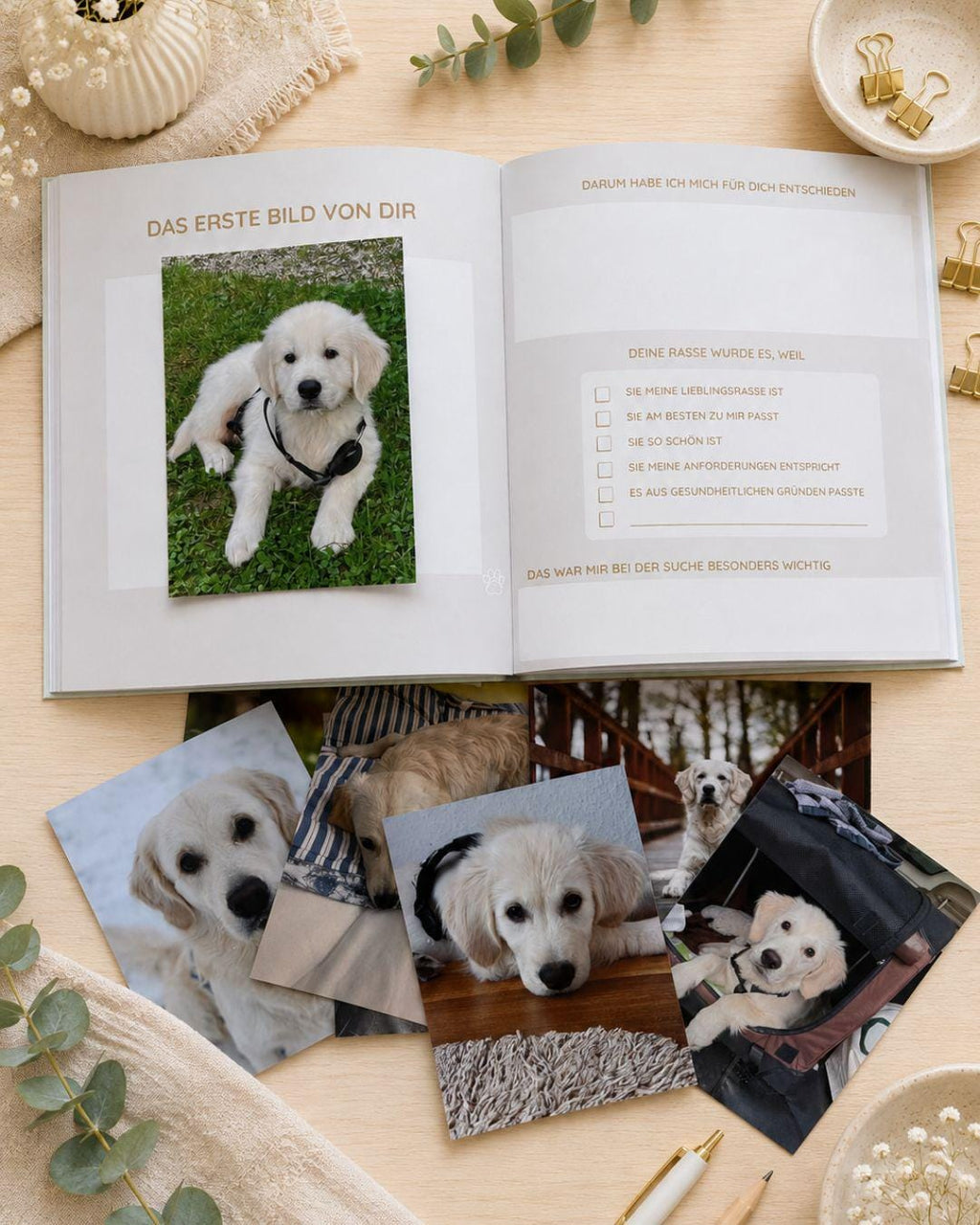 Geschenkset Welpe, Geschenk für Hundebesitzer, Erinnerungsbuch, Backmischung mit Ausstecher, Baumwolltasche mit Personalisierung, Geschenk