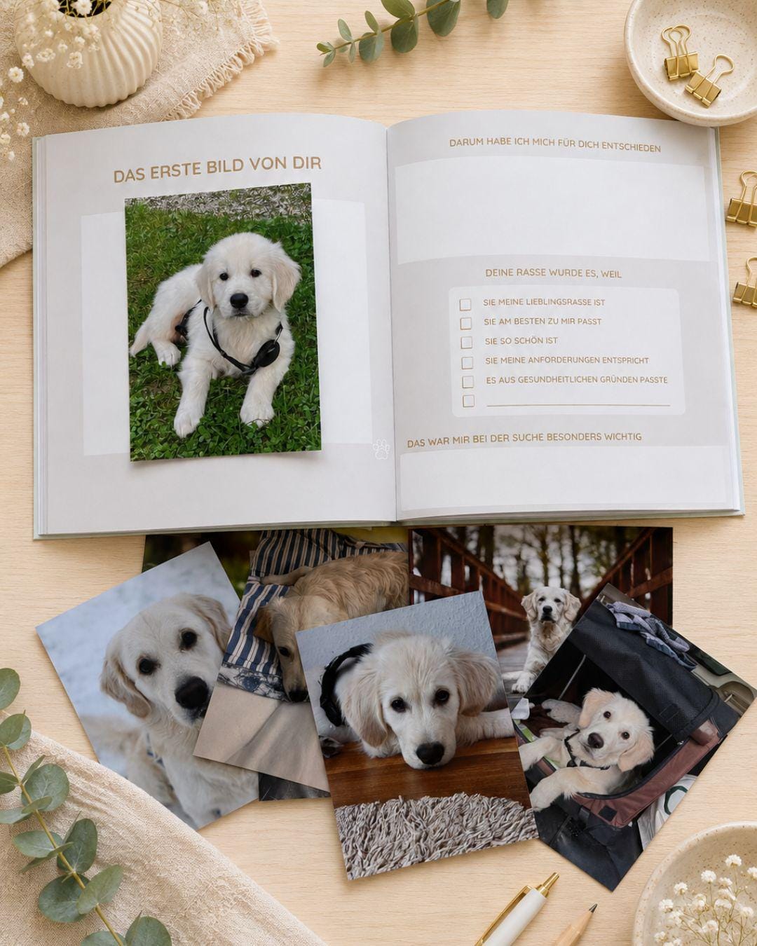 Geschenkset Welpe, Geschenk für Hundebesitzer, Erinnerungsbuch, Backmischung mit Ausstecher, Baumwolltasche mit Personalisierung, Geschenk