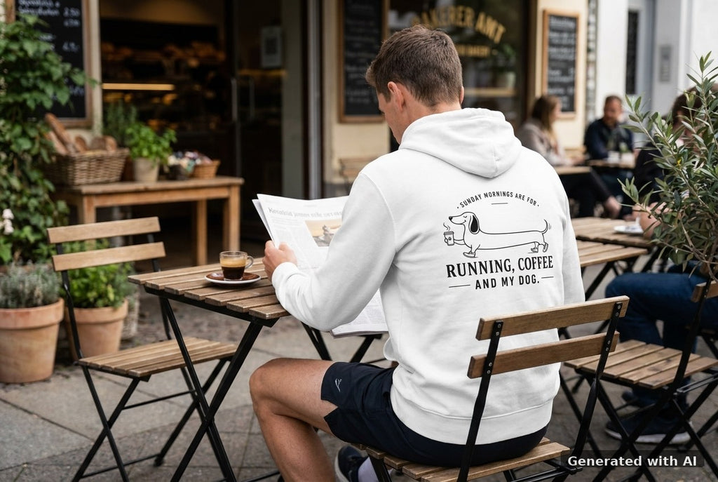DOGS. COFFEE. RUNNING Hoodie White – Rückseite