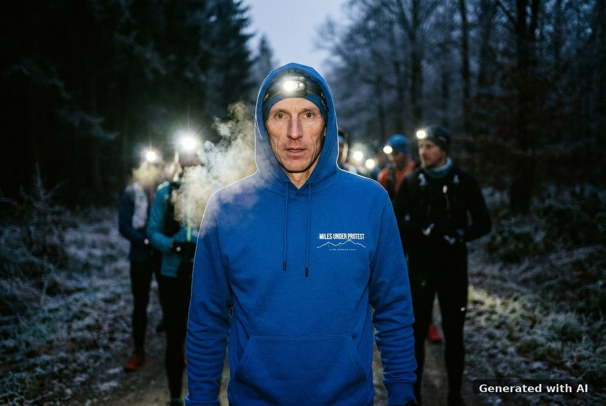 DOGS. COFFEE. RUNNING Hoodie Worker Blue – Vorderseite