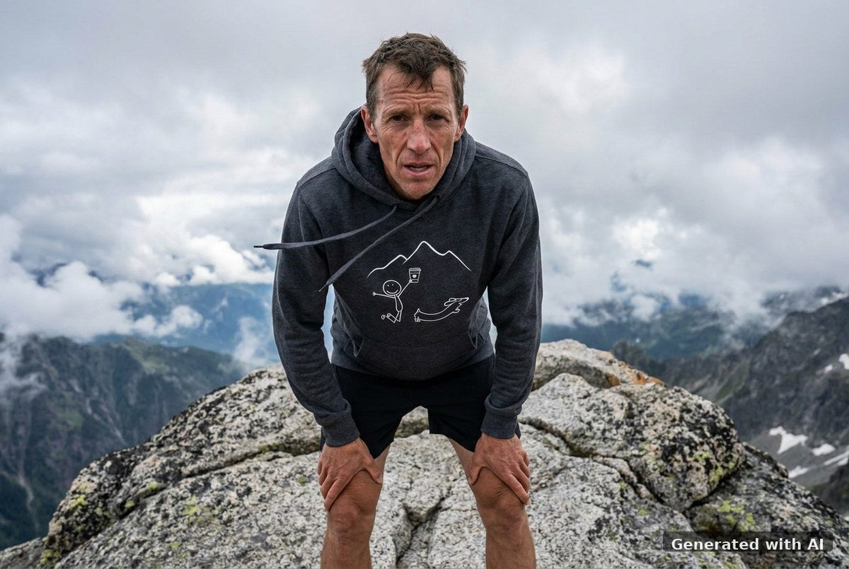 DOGS. COFFEE. RUNNING Hoodie Dark Heather Grey – Vorderseite